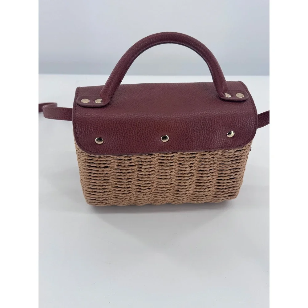 Primark Woven Straw Wicker Crossbody Bag Purse Brown Faux Leather Trim Boho - Picture 2 of 13